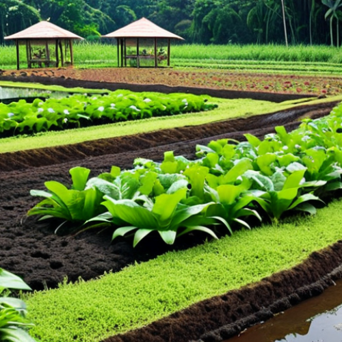 Home 15 **A thriving organic farm in Malaysia:** Rich, dark soil teeming with earthworms and beneficial microbes, showcasing healthy plant roots. Lush vegetable gardens with diverse crops interplanted, attracting colorful butterflies and ladybugs. Illustrate a natural pond with frogs and dragonflies, emphasizing a balanced ecosystem.