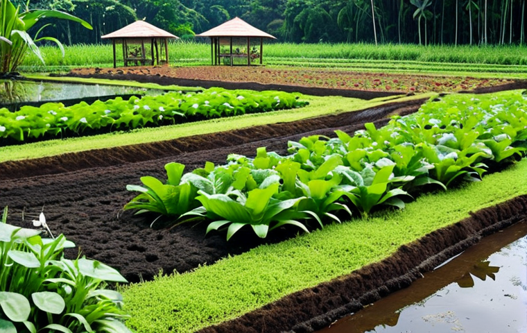 **A thriving organic farm in Malaysia:** Rich, dark soil teeming with earthworms and beneficial microbes, showcasing healthy plant roots. Lush vegetable gardens with diverse crops interplanted, attracting colorful butterflies and ladybugs. Illustrate a natural pond with frogs and dragonflies, emphasizing a balanced ecosystem.
