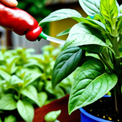 Home 14 **Image Prompt:** Close-up shot of a chili plant in a Malaysian garden, healthy and thriving, surrounded by thriving basil plants. Focus on the vibrant green leaves of the chili plant and the contrasting colors of the basil. In the background, a blurry image of someone spraying the plants with a homemade garlic solution from a spray bottle. The scene should evoke a sense of a healthy and vibrant organic garden.