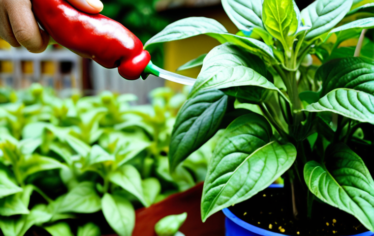 **Image Prompt:** Close-up shot of a chili plant in a Malaysian garden, healthy and thriving, surrounded by thriving basil plants. Focus on the vibrant green leaves of the chili plant and the contrasting colors of the basil. In the background, a blurry image of someone spraying the plants with a homemade garlic solution from a spray bottle. The scene should evoke a sense of a healthy and vibrant organic garden.