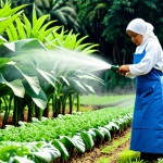 A professional Malaysian farmer, adult, fully clothed in modest, practical work attire, gently spraying biopesticide onto vibrant, lush green vegetable crops. The scene is a clean, well-maintained organic farm in a tropical Malaysian setting, with natural sunlight. Nearby, beneficial insects like ladybugs are visible on leaves, symbolizing a balanced ecosystem. safe for work, appropriate content, fully clothed, professional dress, perfect anatomy, correct proportions, natural pose, well-formed hands, proper finger count, natural body proportions, professional photography, high quality, realistic, detailed, family-friendly.
