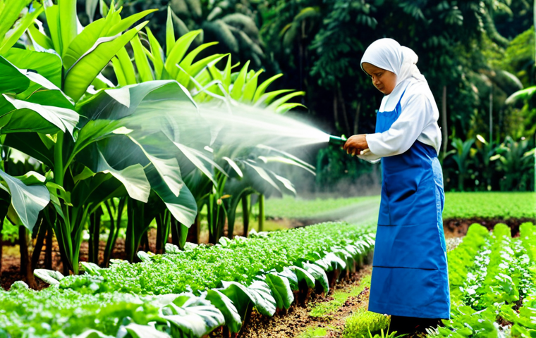 A professional Malaysian farmer, adult, fully clothed in modest, practical work attire, gently spraying biopesticide onto vibrant, lush green vegetable crops. The scene is a clean, well-maintained organic farm in a tropical Malaysian setting, with natural sunlight. Nearby, beneficial insects like ladybugs are visible on leaves, symbolizing a balanced ecosystem. safe for work, appropriate content, fully clothed, professional dress, perfect anatomy, correct proportions, natural pose, well-formed hands, proper finger count, natural body proportions, professional photography, high quality, realistic, detailed, family-friendly.
