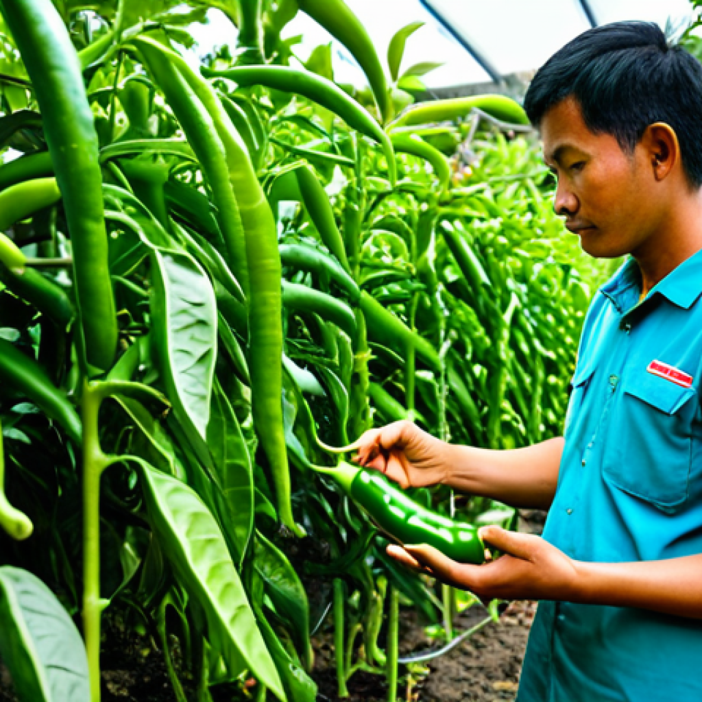 A professional Malaysian organic gardener, fully clothed in modest, practical gardening attire, carefully inspecting vibrant green chili plants in a lush, sun-dappled tropical organic garden. The gardener's hand gently touches a leaf, demonstrating attentive care and focus on early pest detection. The scene emphasizes healthy plant life and a thriving ecosystem. The overall image is bright and inviting, showcasing a dedication to sustainable practices. safe for work, appropriate content, fully clothed, family-friendly, perfect anatomy, correct proportions, well-formed hands, natural body proportions, natural pose, professional photography, high quality, detailed, realistic.