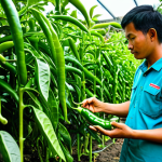 A professional Malaysian organic gardener, fully clothed in modest, practical gardening attire, carefully inspecting vibrant green chili plants in a lush, sun-dappled tropical organic garden. The gardener's hand gently touches a leaf, demonstrating attentive care and focus on early pest detection. The scene emphasizes healthy plant life and a thriving ecosystem. The overall image is bright and inviting, showcasing a dedication to sustainable practices. safe for work, appropriate content, fully clothed, family-friendly, perfect anatomy, correct proportions, well-formed hands, natural body proportions, natural pose, professional photography, high quality, detailed, realistic.