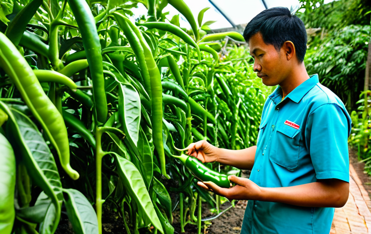 A professional Malaysian organic gardener, fully clothed in modest, practical gardening attire, carefully inspecting vibrant green chili plants in a lush, sun-dappled tropical organic garden. The gardener's hand gently touches a leaf, demonstrating attentive care and focus on early pest detection. The scene emphasizes healthy plant life and a thriving ecosystem. The overall image is bright and inviting, showcasing a dedication to sustainable practices. safe for work, appropriate content, fully clothed, family-friendly, perfect anatomy, correct proportions, well-formed hands, natural body proportions, natural pose, professional photography, high quality, detailed, realistic.